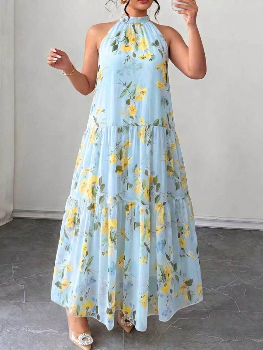 Baby Blue Boho Women's Plus Size Floral Halter Neck Sleeveless Flowy Maxi Dress - Picture 5 of 6